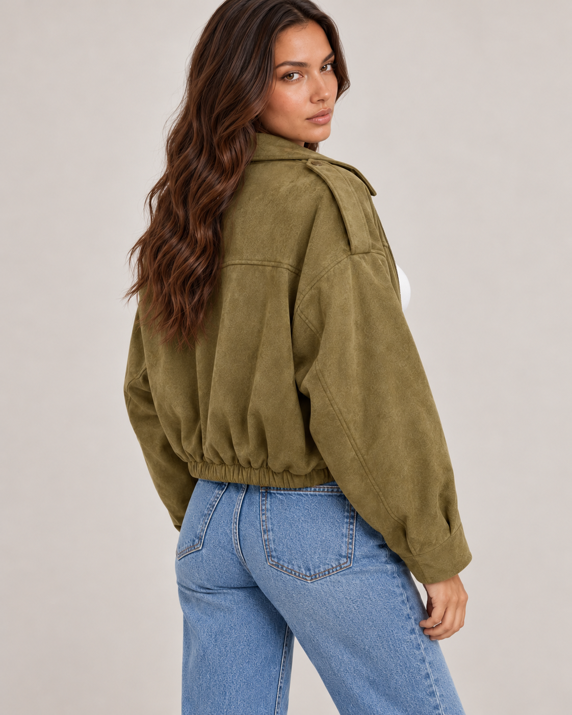 Women's Oversized Suede Jacket in Olive Green (back view)