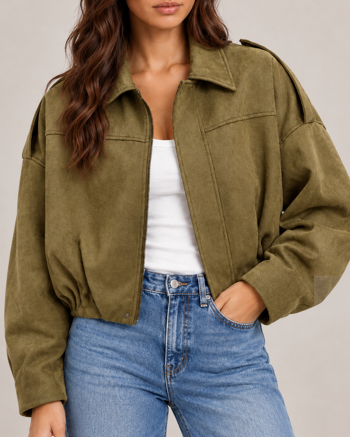 Women's Oversized Suede Jacket in Olive Green (close-up)