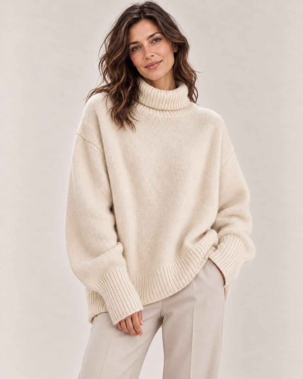 Women's Oversized Turtleneck Sweater in Apricot