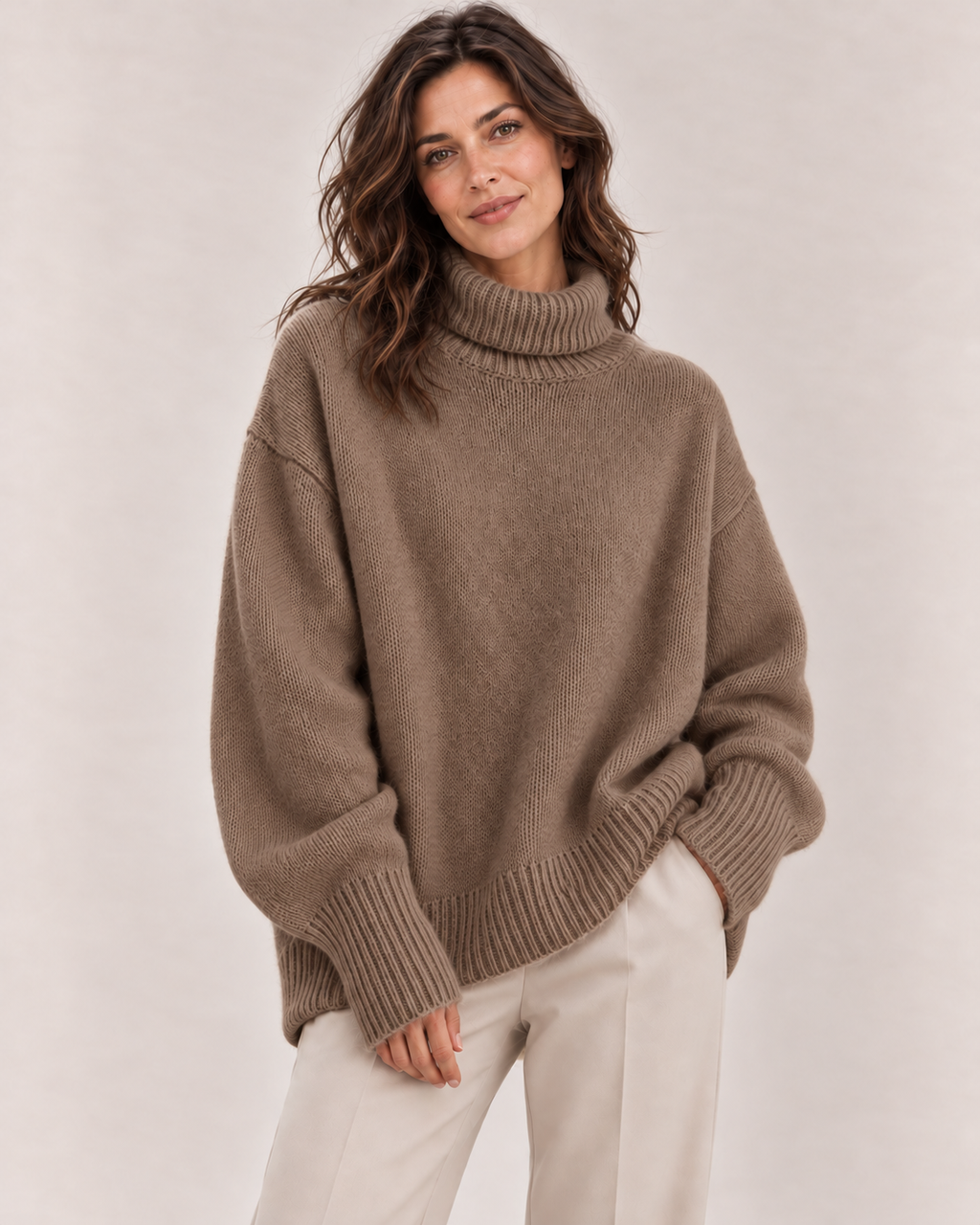 Women's Oversized Turtleneck Sweater in Brown