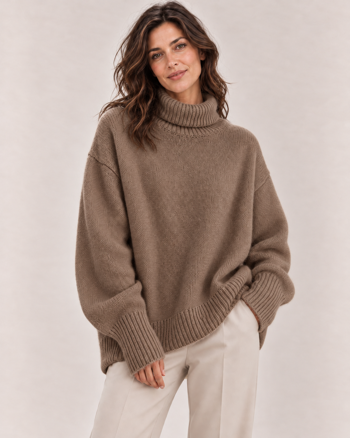 Women's Oversized Turtleneck Sweater in Brown
