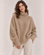 Women's Oversized Turtleneck Sweater in Camel