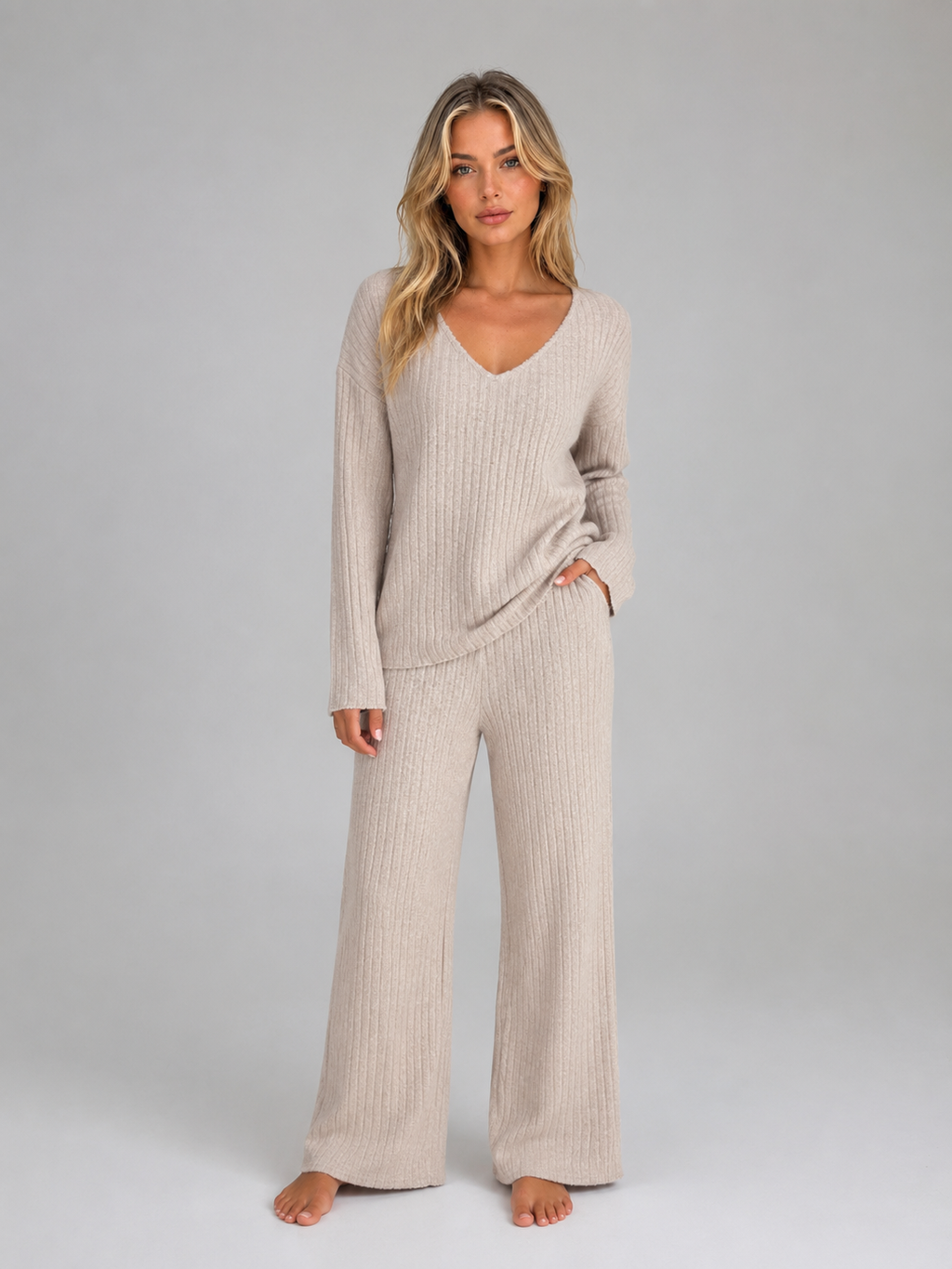 Women's Ribbed Knit Lounge Set – V-Neck Wide Leg Style