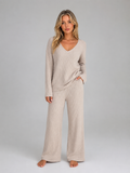 Women's Ribbed Knit Lounge Set – V-Neck Wide Leg Style