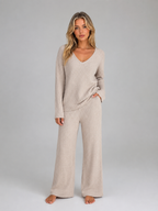 Women's Ribbed Knit Lounge Set – V-Neck Wide Leg Style