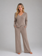 Women's Ribbed Knit Lounge Set – V-Neck Wide Leg Style