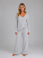 Women's Ribbed Knit Lounge Set – V-Neck Wide Leg Style