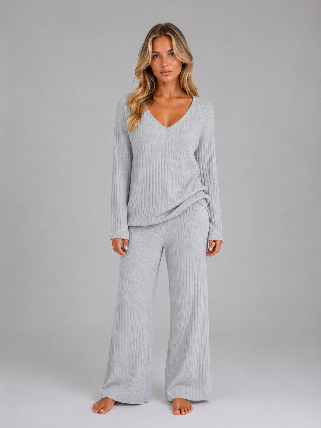 Women's Ribbed Knit Lounge Set – V-Neck Wide Leg Style