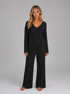 Women's Ribbed Knit Lounge Set – V-Neck Wide Leg Style