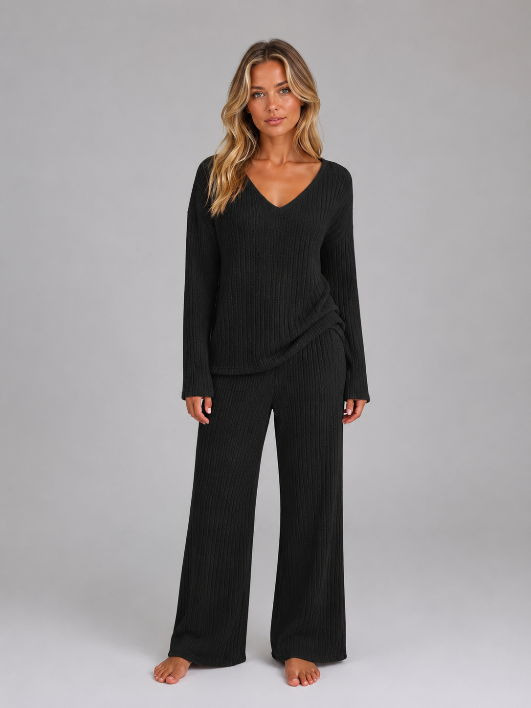 Women's Ribbed Knit Lounge Set – V-Neck Wide Leg Style