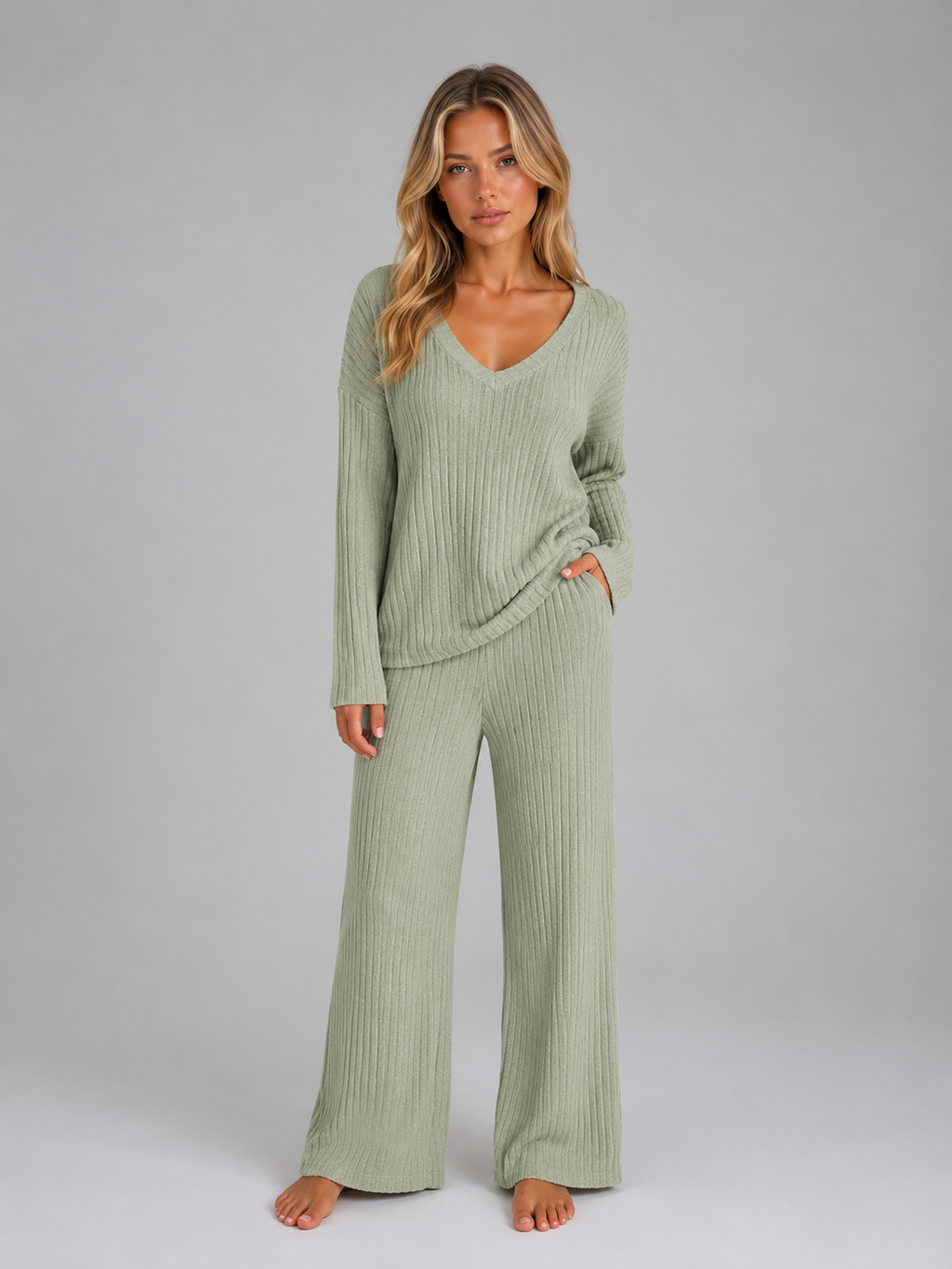 Women's Ribbed Knit Lounge Set – V-Neck Wide Leg Style