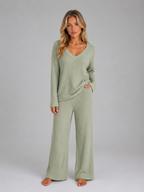Women's Ribbed Knit Lounge Set – V-Neck Wide Leg Style