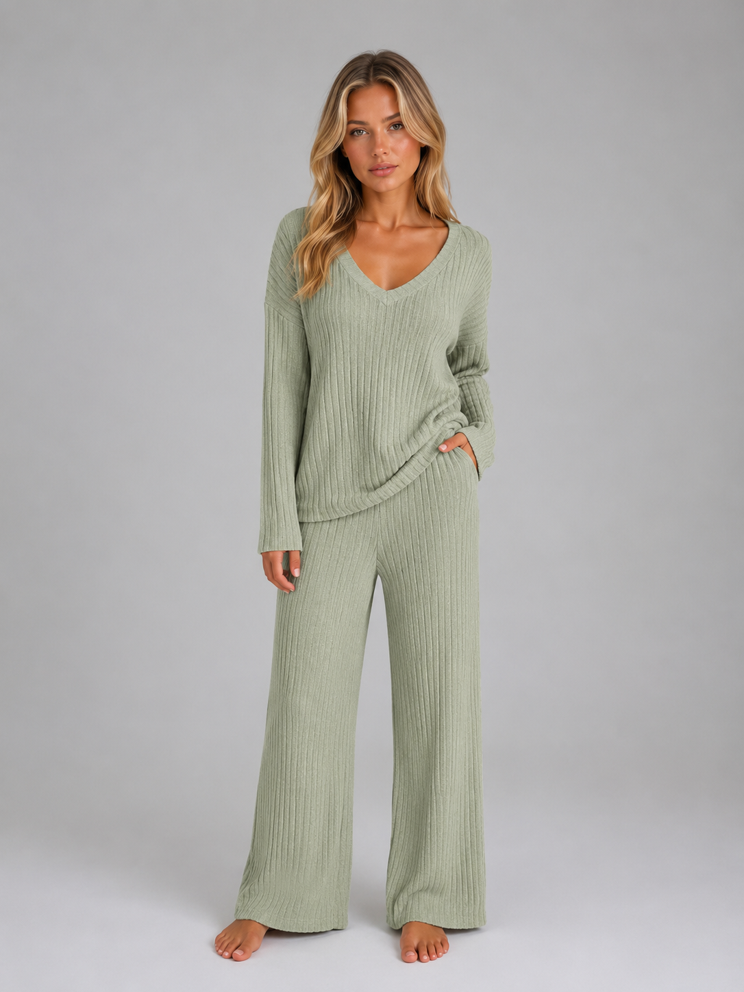 Women's Ribbed Knit Lounge Set – V-Neck Wide Leg Style
