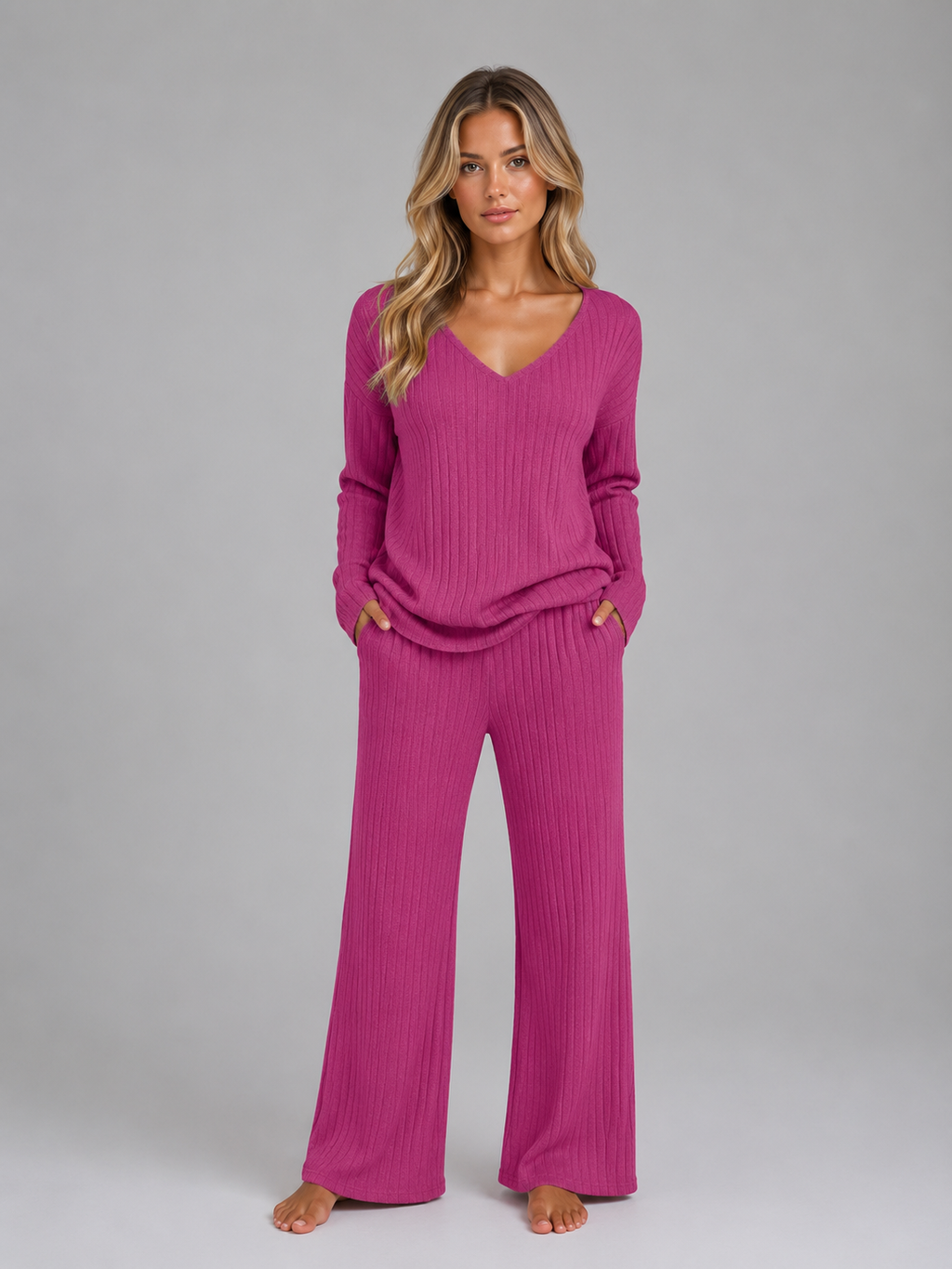 Women's Ribbed Knit Lounge Set – V-Neck Wide Leg Style