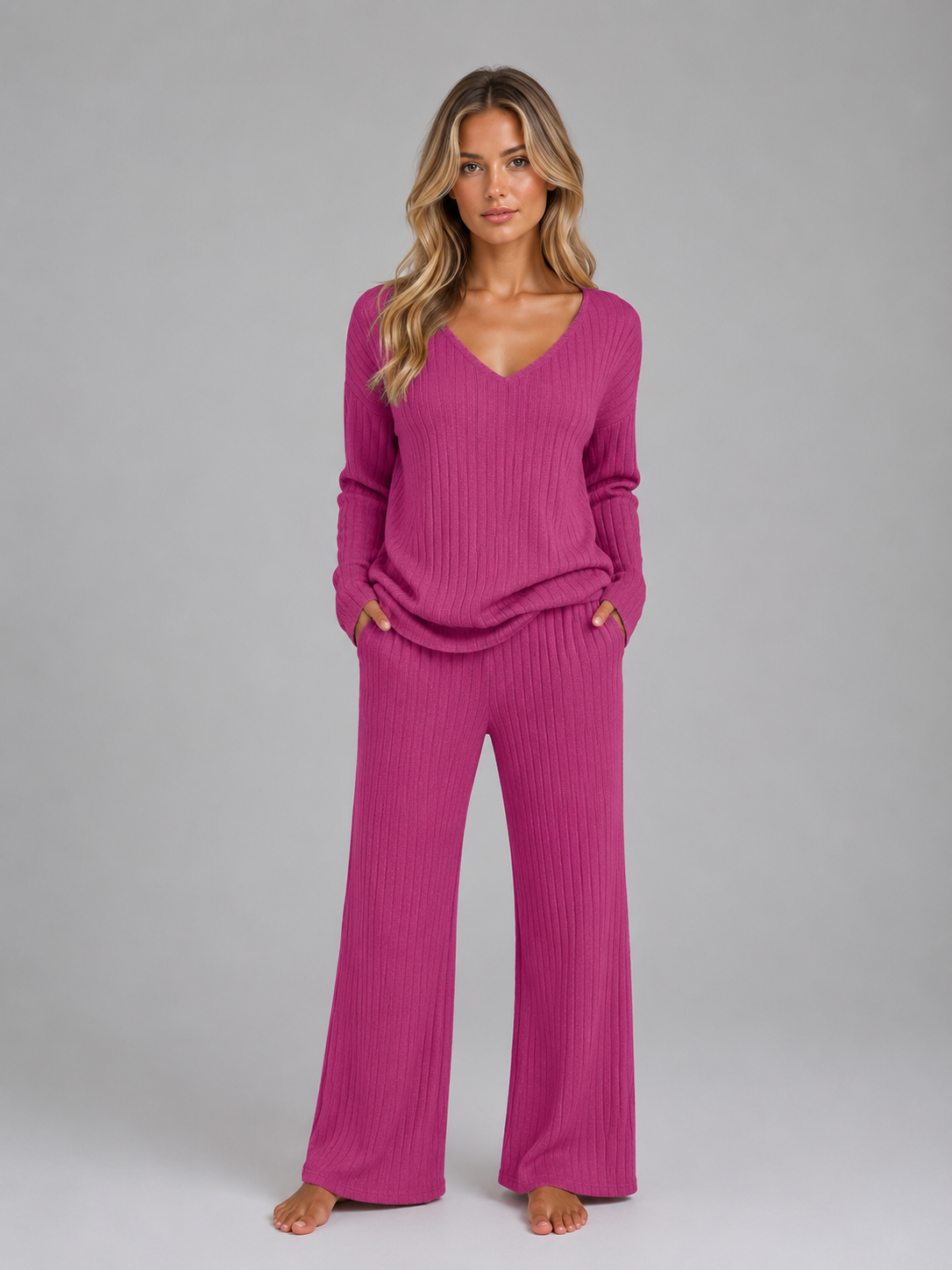 Women's Ribbed Knit Lounge Set – V-Neck Wide Leg Style