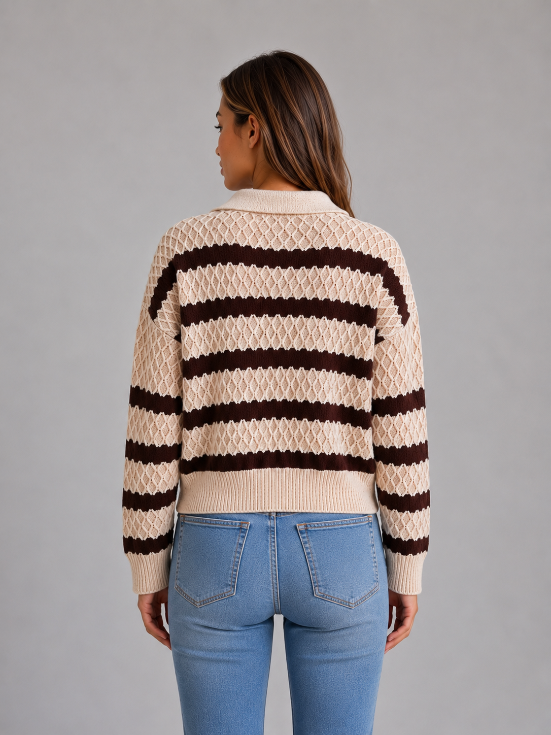 Women's Striped Polo Sweater – Textured Knit Design
