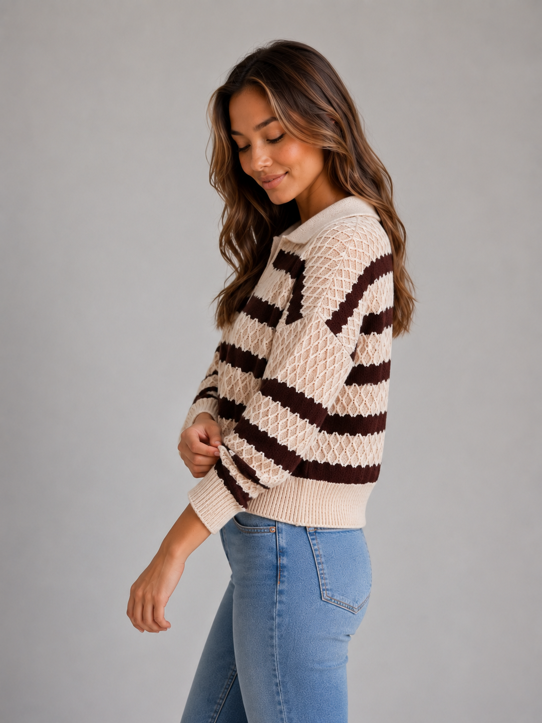 Women's Striped Polo Sweater – Textured Knit Design