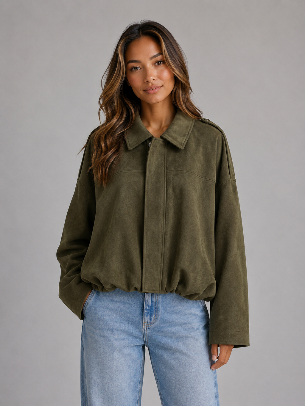 Women's Suede Look Bomber Jacket – Oversized Relaxed Fit
