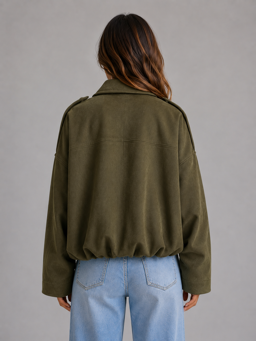 Women's Suede Look Bomber Jacket – Oversized Relaxed Fit
