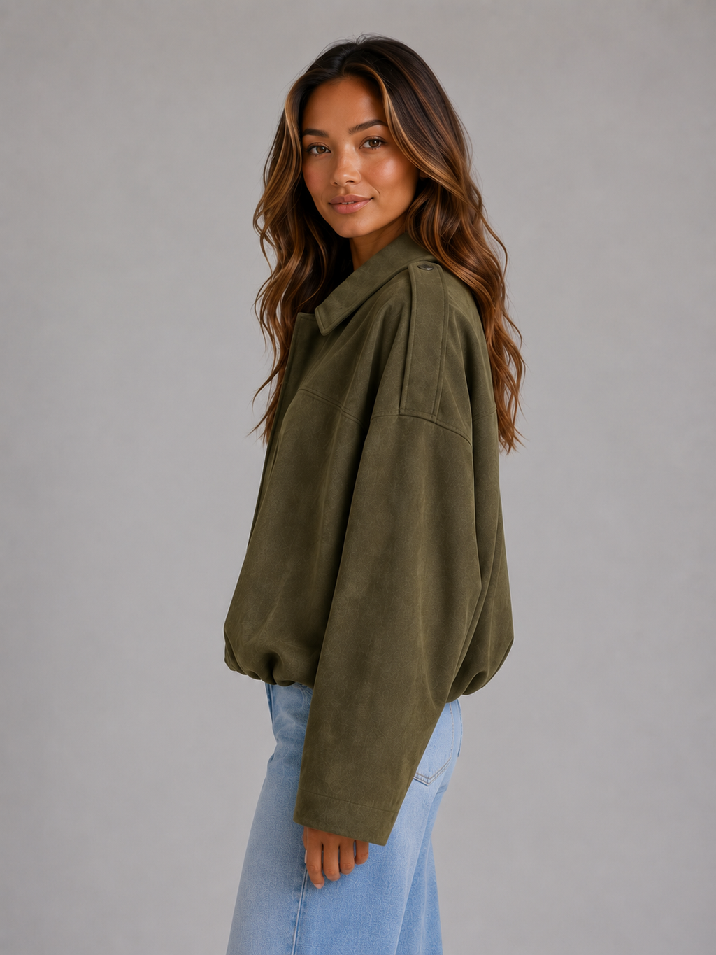 Women's Suede Look Bomber Jacket – Oversized Relaxed Fit