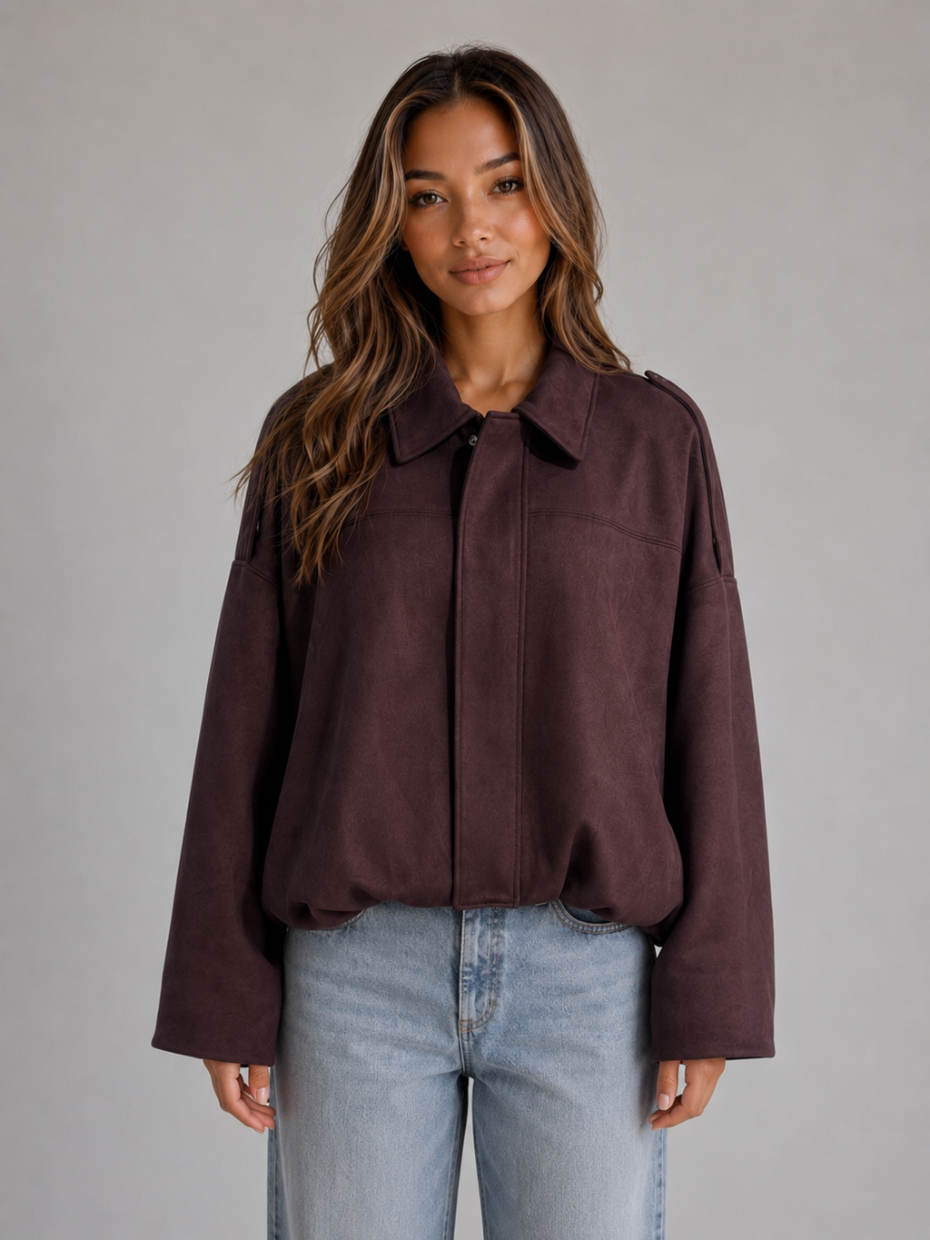 Women's Suede Look Bomber Jacket – Oversized Relaxed Fit