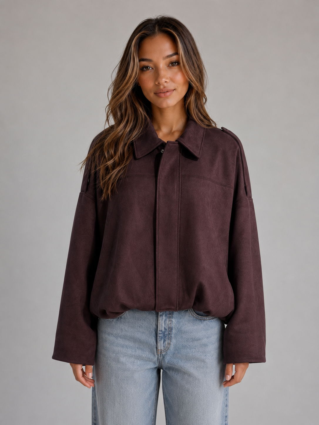 Women's Suede Look Bomber Jacket – Oversized Relaxed Fit