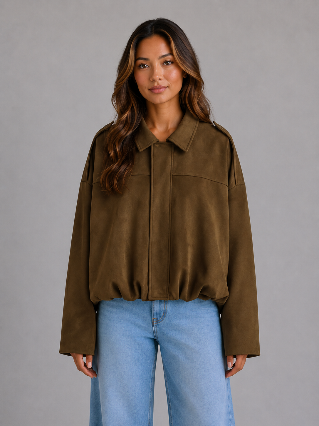 Women's Suede Look Bomber Jacket – Oversized Relaxed Fit