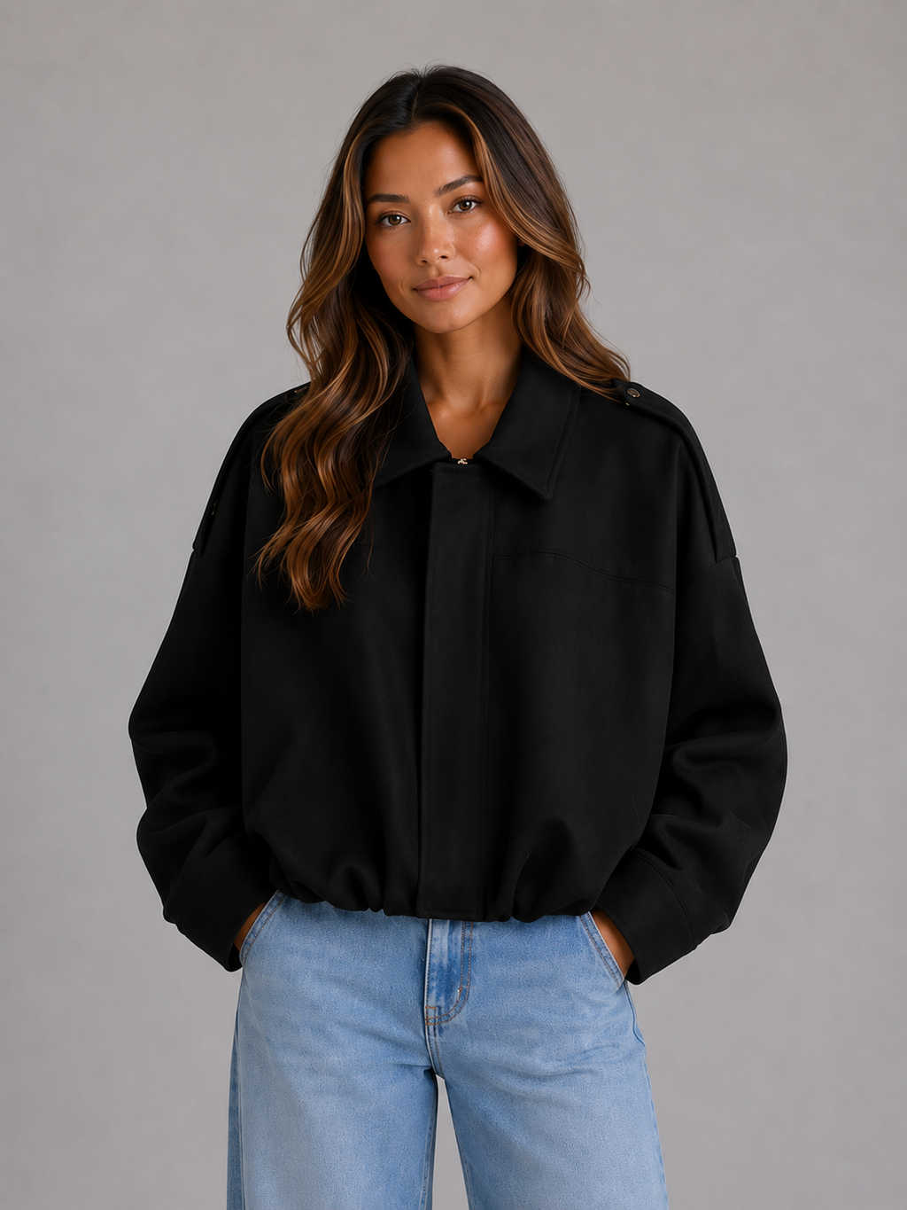 Women's Suede Look Bomber Jacket – Oversized Relaxed Fit