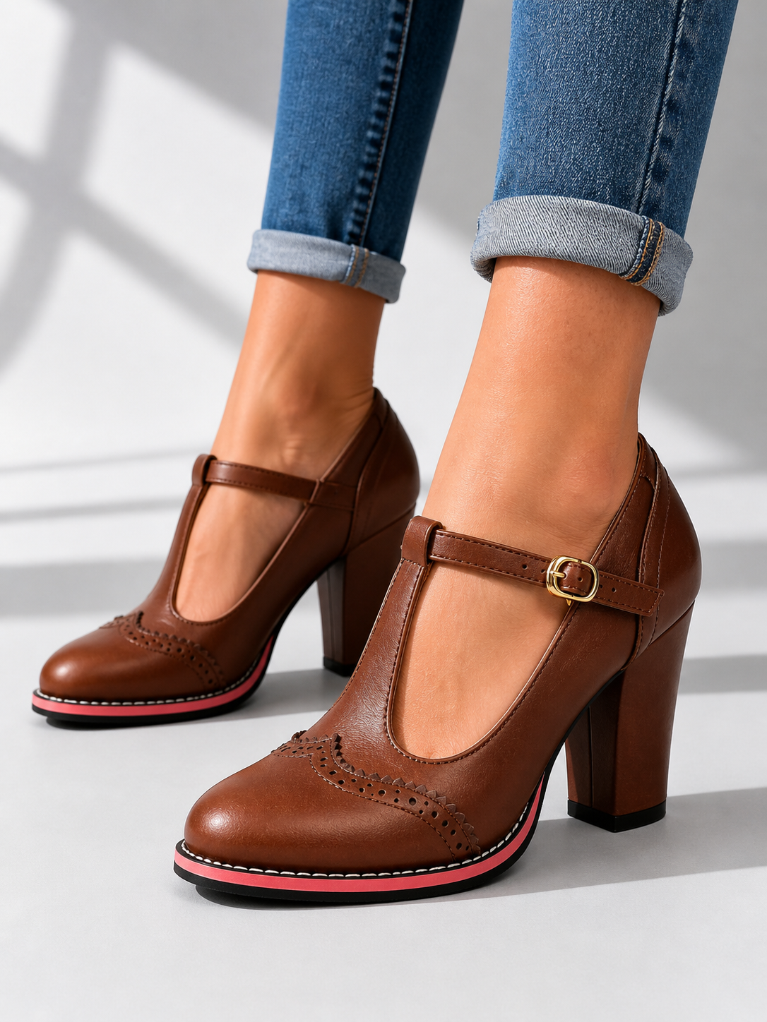 Women's T-Bar Mary Jane Shoes – Brogue Block Heel
