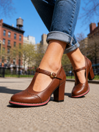 Women's T-Bar Mary Jane Shoes – Brogue Block Heel