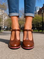 Women's T-Bar Mary Jane Shoes – Brogue Block Heel