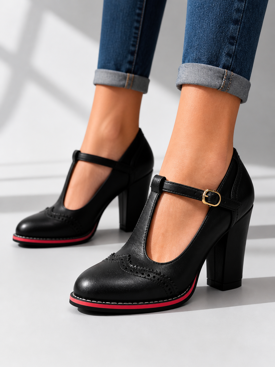 Women's T-Bar Mary Jane Shoes – Brogue Block Heel
