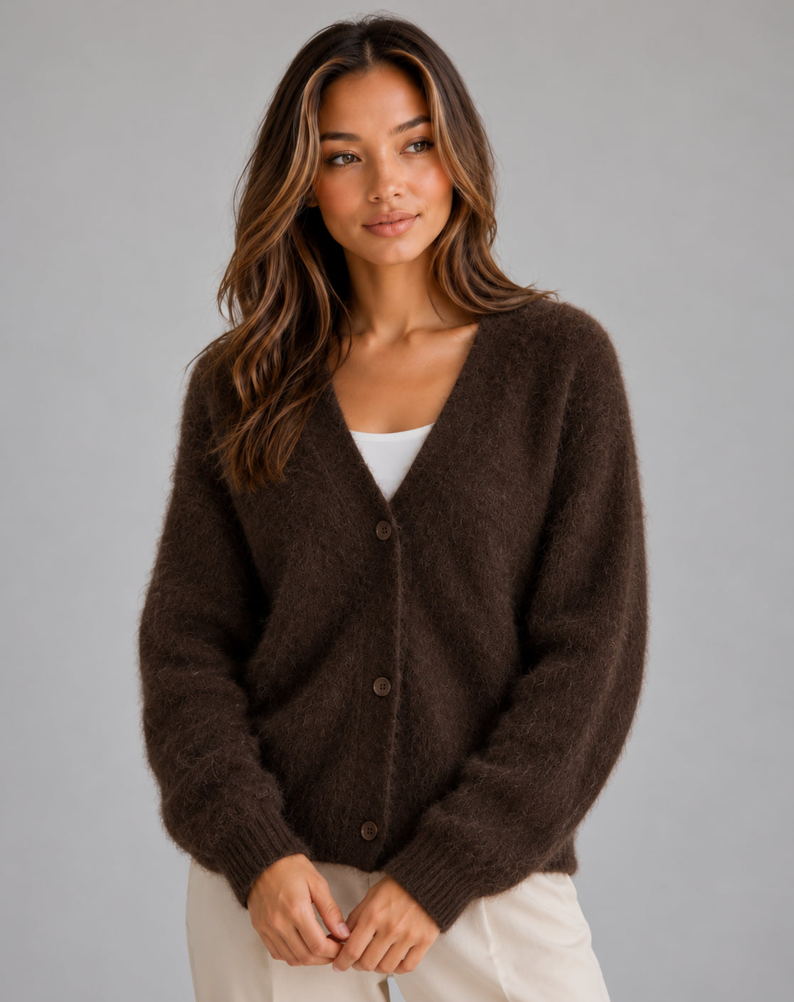 Women's V-Neck Button Cardigan in Dark Brown