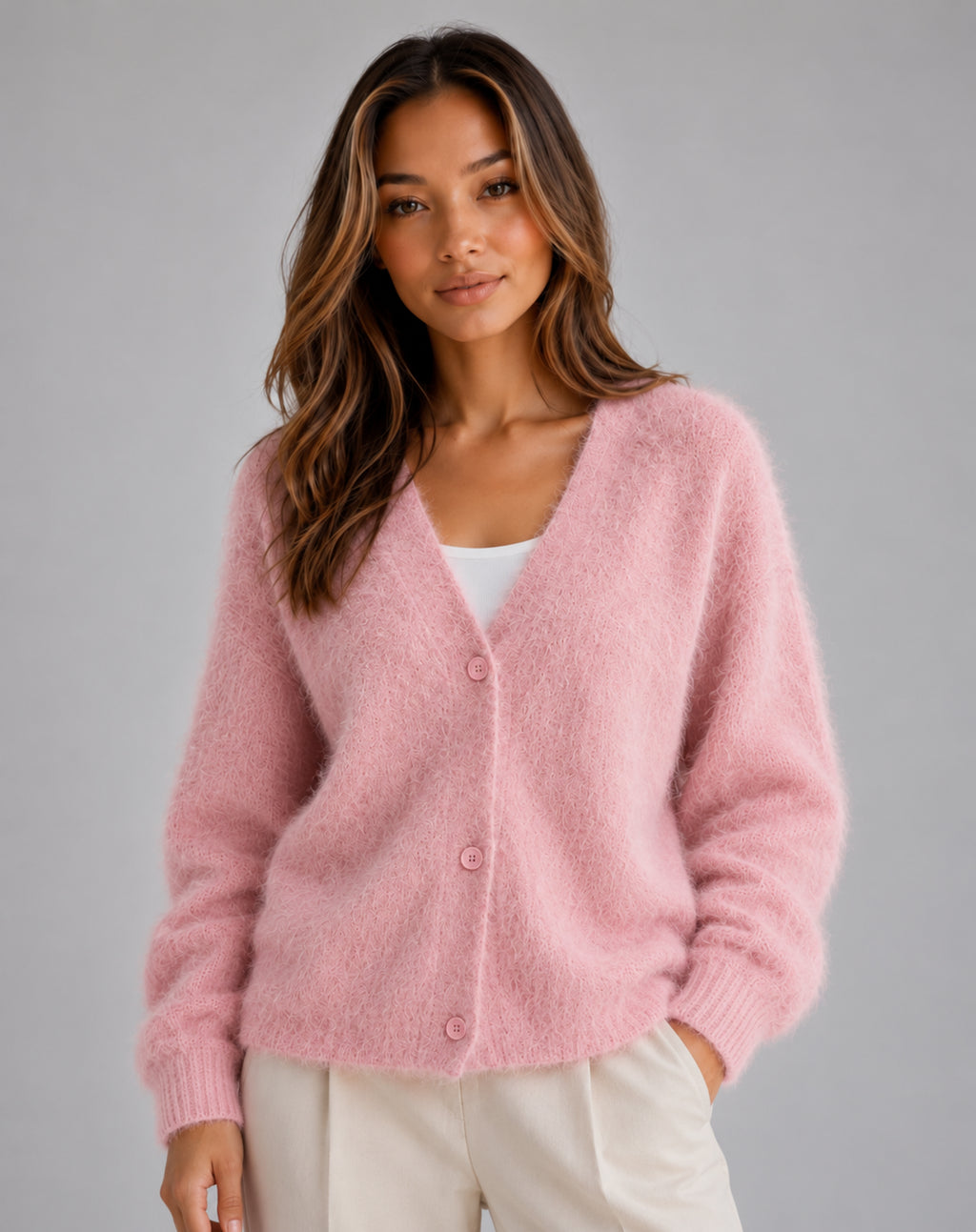 Women's V-Neck Button Cardigan in Pink