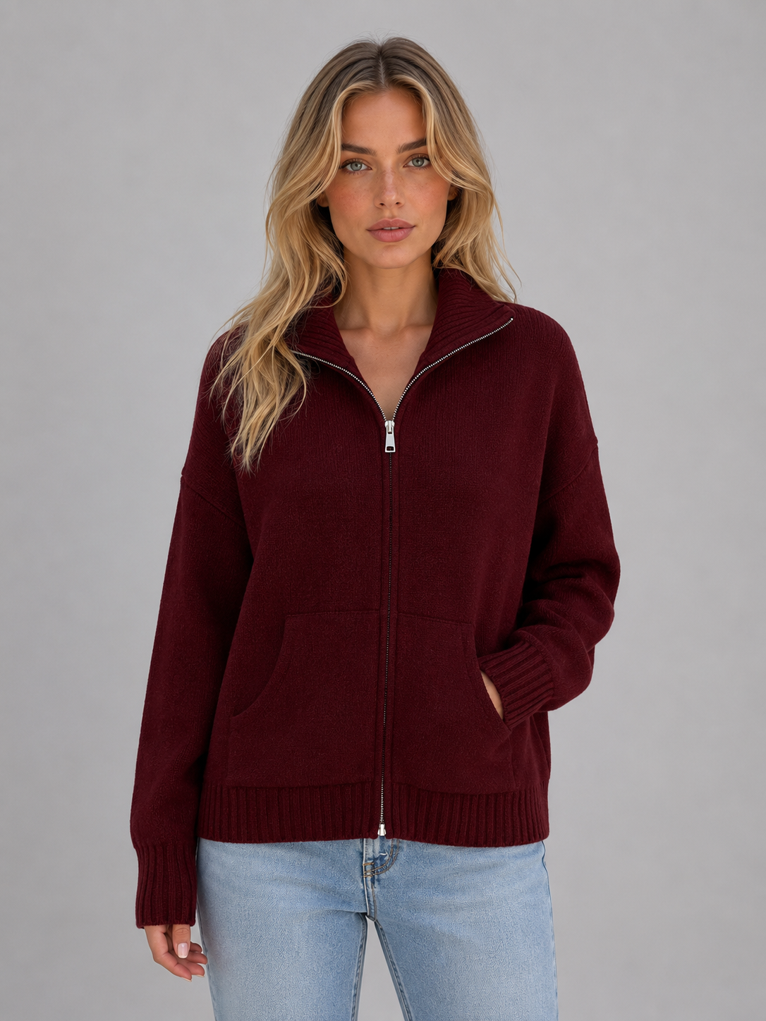 Women's Zip Up Knitted Sweater – Soft Funnel Neck Knit Jacket
